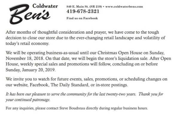 Ben s To Close In Coldwater Mercer County Outlook