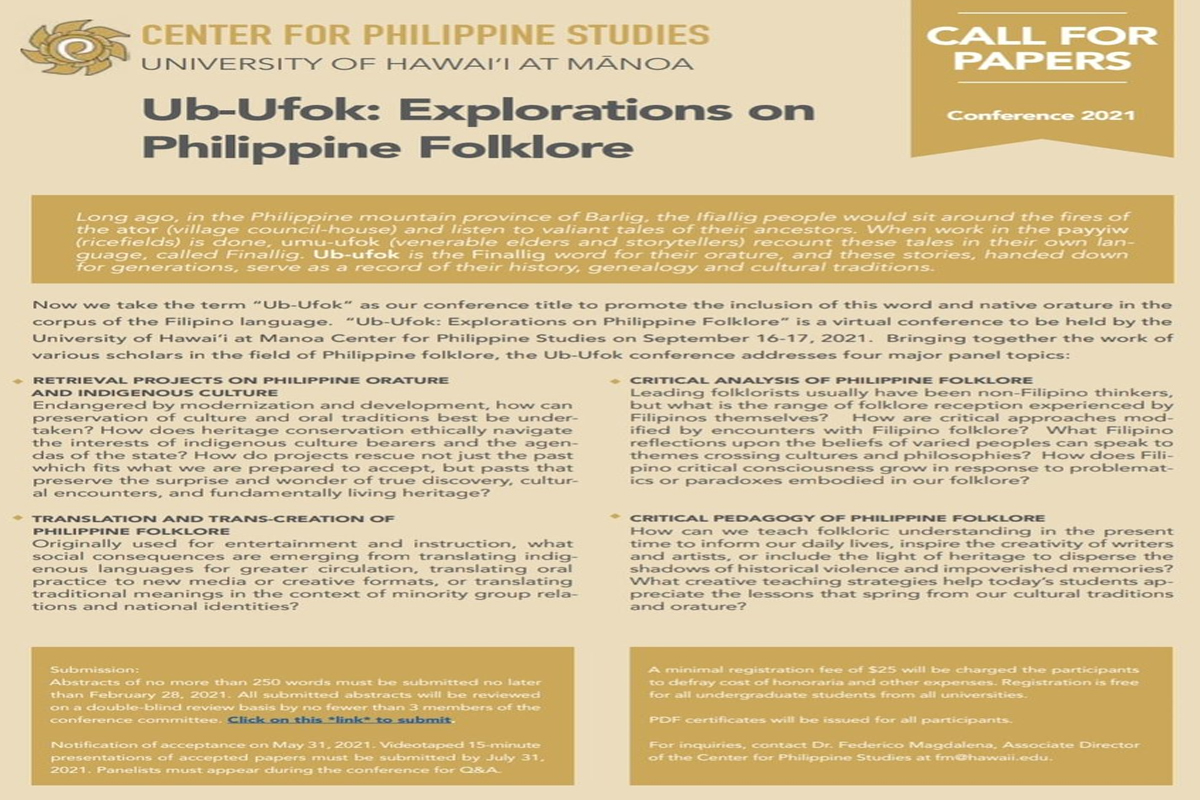 CALL FOR PAPERS UB UFOK EXPLORATIONS ON PHILIPPINE FOLKLORE 2021 